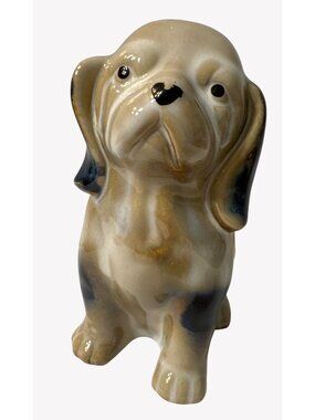 Vintage Porcelain Dog Figurine Tan Brown Black Droopy 5"x2.5" Heavy Unbranded